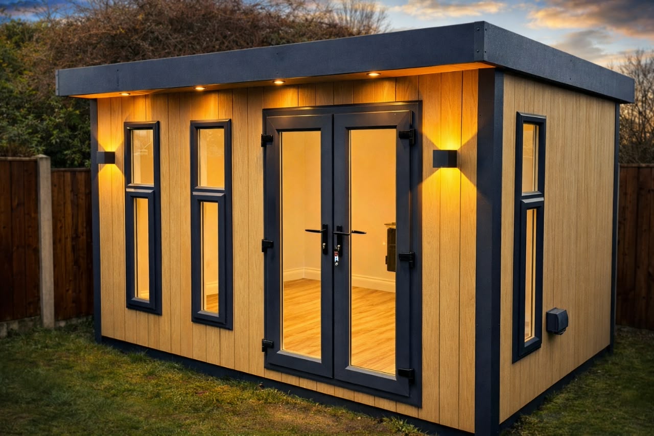 Side view of a modular building with dark profiled cladding